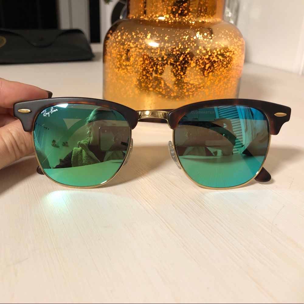 Ray-Ban Black and Gold Sunglasses with Teal Lenses
